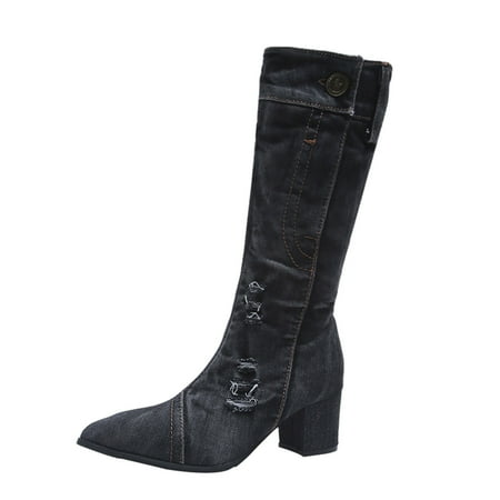 

dmqupv High Heels Boots for Women Shoes Retro Fashion Women s High Chunky Short Suede Knee High Boots for Women Flat Black 8.5