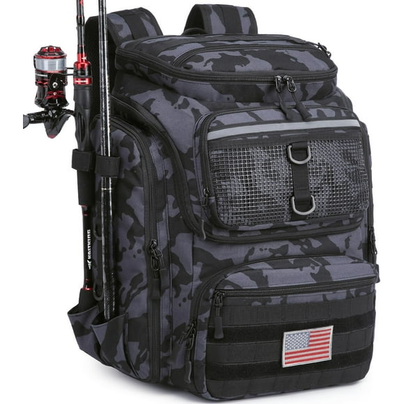 Fishing Backpack with Rod Holders, 40L Tackle Box Backpack for Fish Gear and Equipment, Waterproof Fishing Tackle Bag for Men