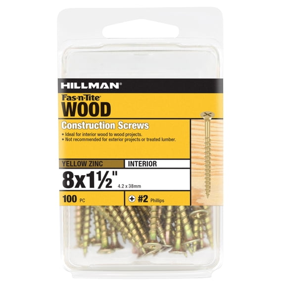 Fas-n-Tite Wood Construction Screws, #8 x 1-1/2", Steel, Yellow Zinc Finish, Interior, Flat Phillips, Gold, 100 pack