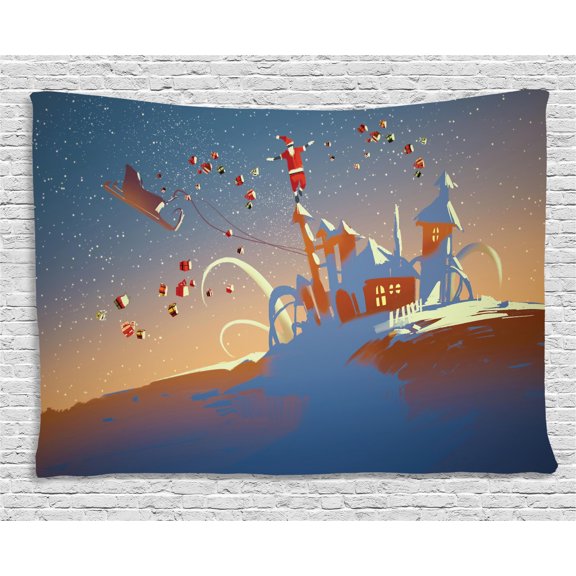 Fantasy Art House Decor Tapestry, Santa Claus is Coming to Town with a Bunch of Gifts in Winter Art Print, Wall Hanging for Bedroom Living Room Dorm Decor, 60W X 40L Inches, Multi, by Ambesonne