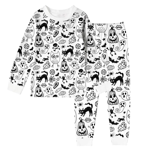 HCYSFG Halloween Pajamas for Boys Pumpkin Black Cat Print 2 Piece Long Sleeve Shirt with Pull On Pants Kids Sleepwear Holiday Lounge PJs Set