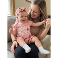 thumbnail image 4 of BemeyourBBs Mama's Bestie Baby Girls Summer Clothes Newborn Baby Girls Strawberry Outfits Letter Strawberry Print Flying Sleeve Ribbed Romper and Elastic Waist Shorts Headband Set, 4 of 9
