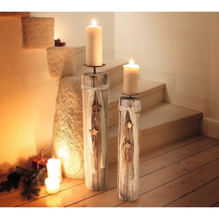 Wood Column Floor Candle Holders W Decorative Stars Beads Set