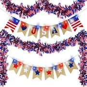 7 Pcs 4th of July Patriotic Decorations Set Burlap Banner and 78.74 Inch Tinsel Garland with Red White Blue Light American Flag Parade Golf Cart Car Shiny Tinsel for Memorial Day
