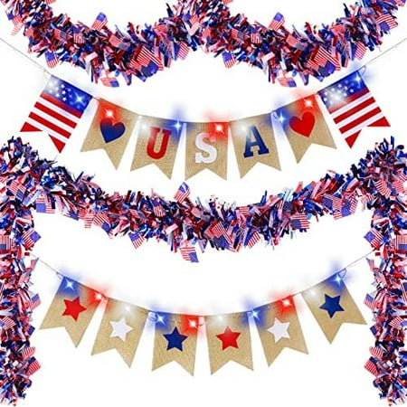 7 Pcs 4th of July Patriotic Decorations Set Burlap Banner and 78.74 Inch Tinsel Garland with Red White Blue Light American Flag Parade Golf Cart Car Shiny Tinsel for Memorial Day