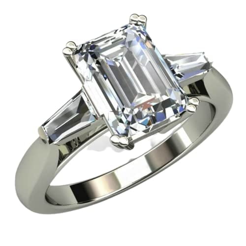 HeartsAndYou 2ct Emerald Cut Moissanite Baguette Accent Engagement Ring for Women 18k White Gold over Silver