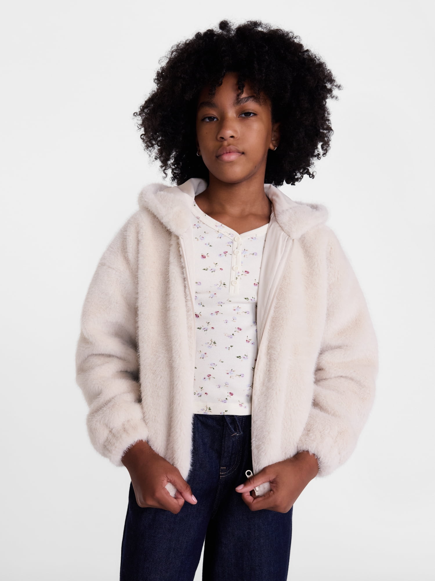 Weekend Academy Girls Fuzzy Faux Fur Hooded Jacket with Long Sleeves, Sizes 4-18