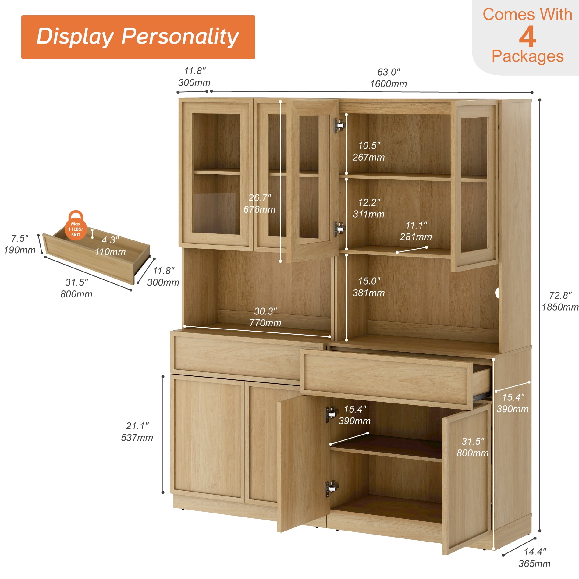 Modern Wood Sideboard Buffet with Glass Doors, Drawers & Adjustable Shelves, 72" Tall Glass Display Storage Cabinet,Oak
