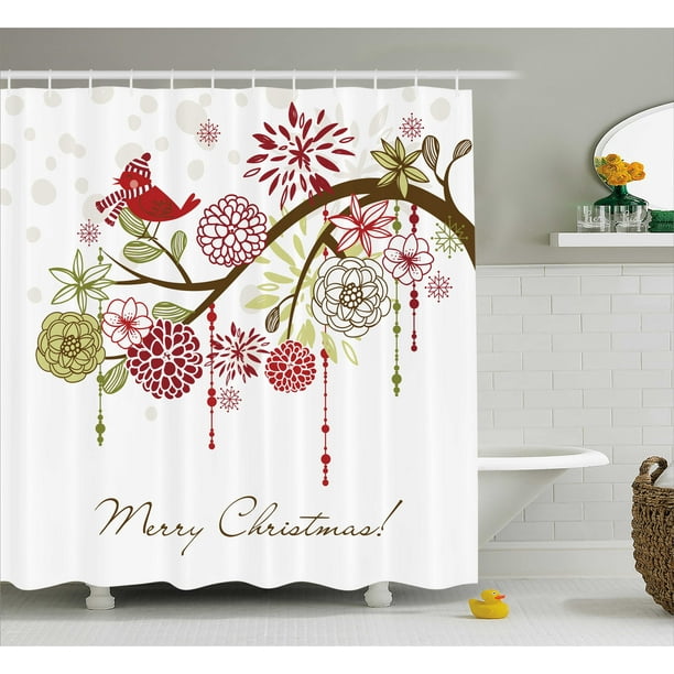 Christmas Decorations Shower Curtain Set, Merry Xmas Floral Winter ...
