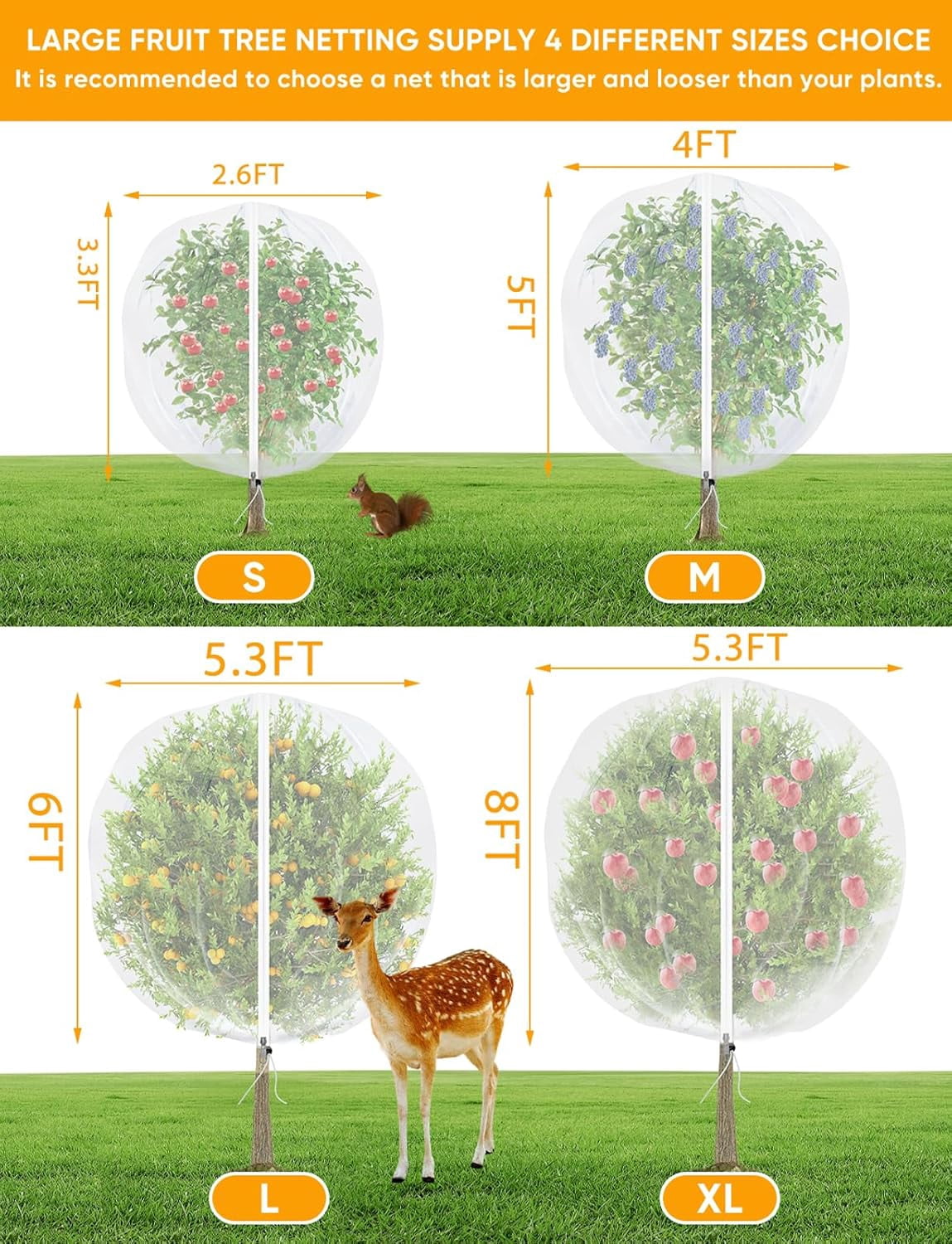 Fruit Tree Netting for Cicadas - with 4Pcs 3.3Ftx3.3Ft Zipper&Drawstring Protection for Your Fruit Trees Garden Bird Netting Covers Blueberry Bush Tomato Bug Plant Protection Cherry Apple Tree
