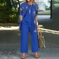 thumbnail image 5 of Textilo Womens Dressy Pant Suits 3pc 3/4 Sleeve Floral Cardigan Sleeveless Top Wide Leg Pants Set Suits Wedding Guest Pant Suits,Blue L, 5 of 5