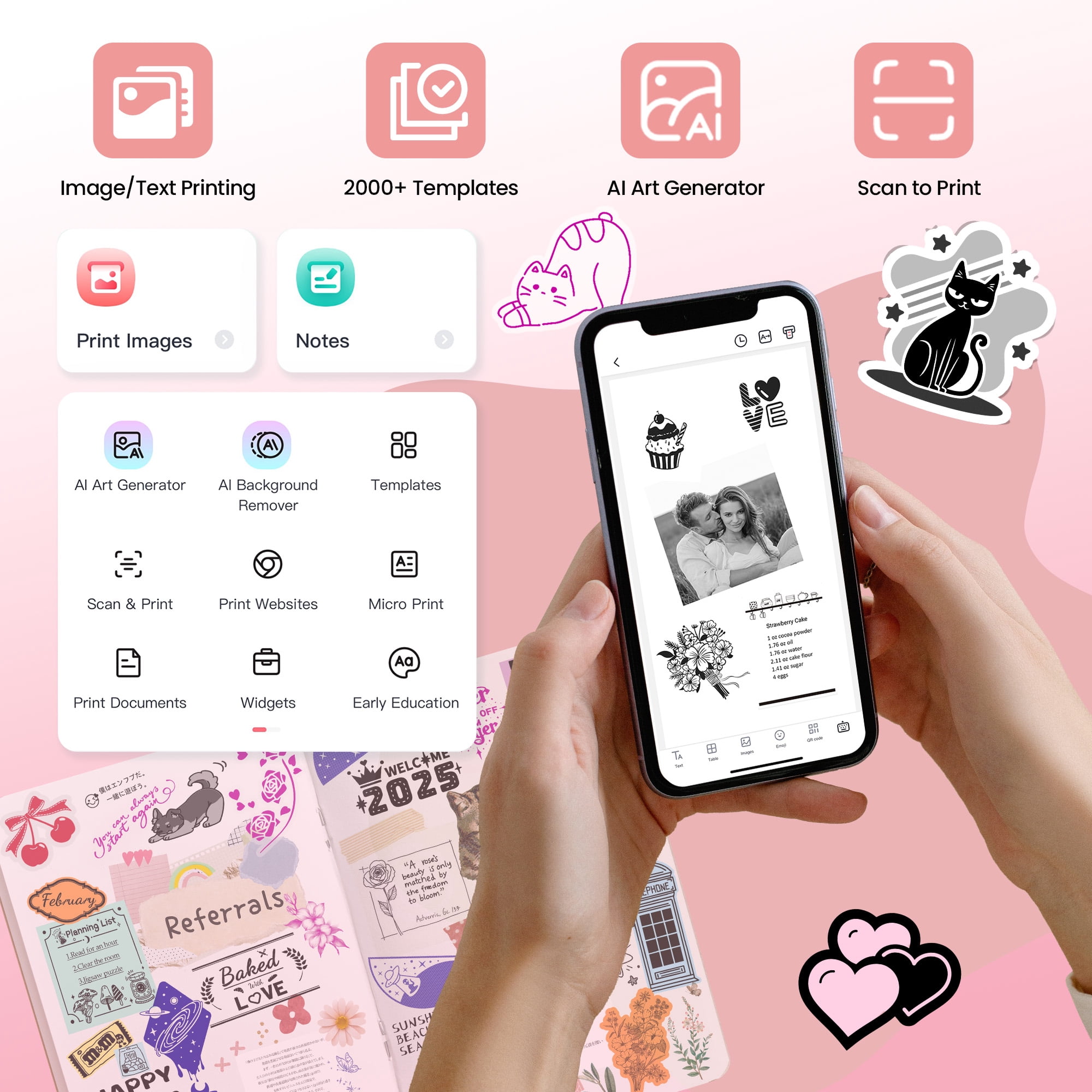 Phomemo Sticker Printer - M02 Label Maker Portable Bluetooth Thermal Sticker Printer for Notes, Gifts, Journals, Planners, Scrapbooking, and Creative Projects(Pink)