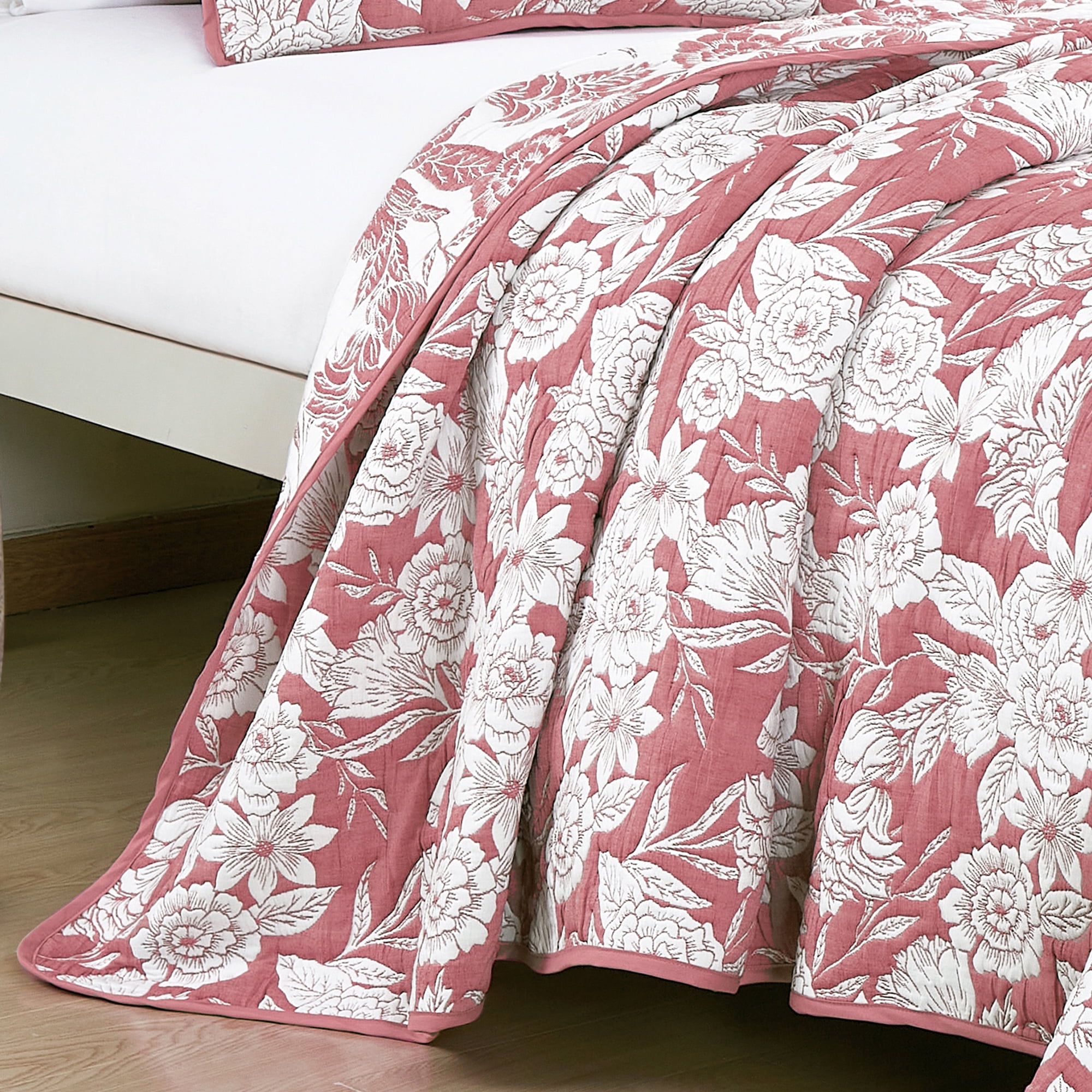Pink & White Floral Pattern 3-Piece Reversible Cotton Matelasse Bedspread Set,King