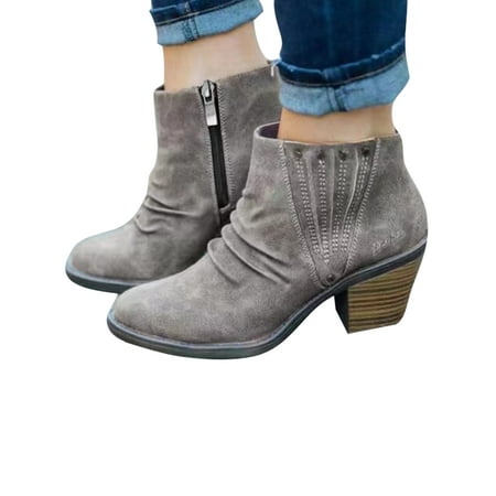 

Rotosw Women Block Heels Bootie Side Zip Booties Comfort Ankle Boots Womens Winter Boot Ladies Fashion Mid Heel Gray 5