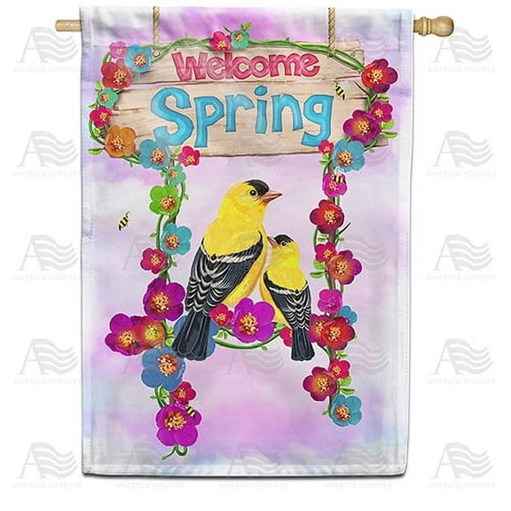 America Forever Spring Bird House Flag 28 x 40 inches Double Sided Summer Bird, Goldfinch, Floral Colorful Wreath - Seasonal Yard Lawn Outdoor Decorative Welcome Spring House Flag
