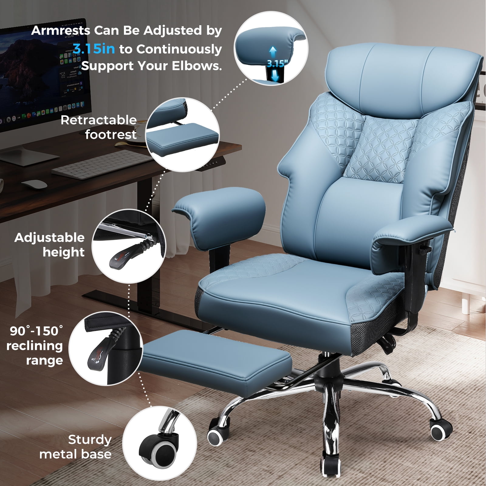 CloudRest Pro 400lbs Executive heavy duty office chair, High Back Ergonomic Computer Desk Chairwith Lumbar Back Support, LakeBlue