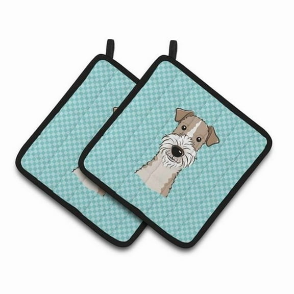 Checkerboard Blue Wire Haired Fox Terrier Pair of Pot Holders