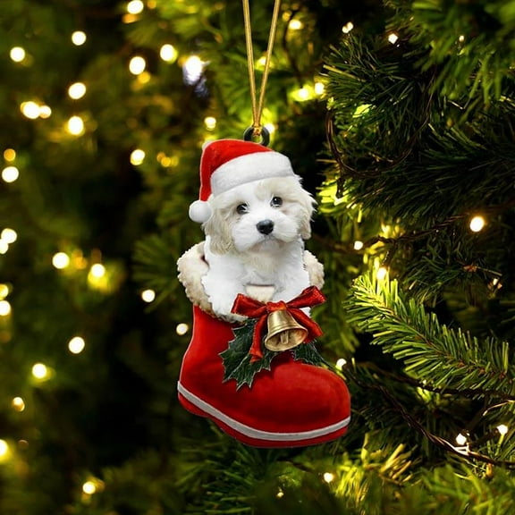 Acrylic 2D FLAT White Cavachon In Santa Boot Christmas Hanging Ornament