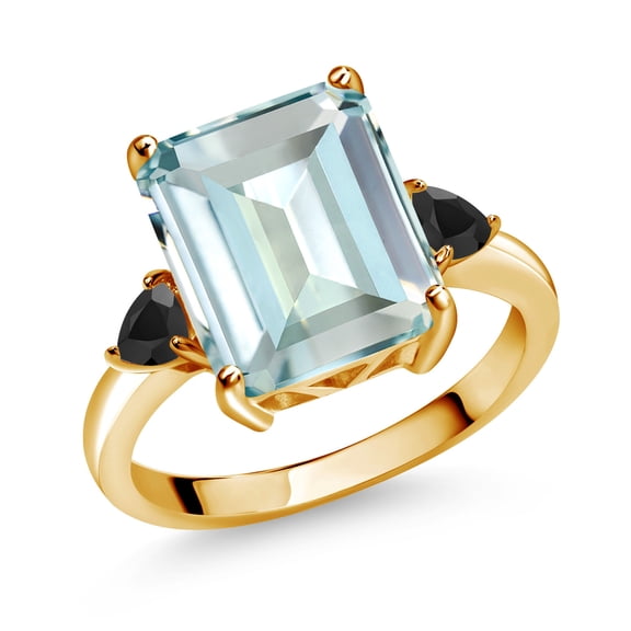Gem Stone King 5.65 Ct Sky Blue Simulated Aquamarine Black Onyx 18K Yellow Gold Plated Silver Ring (Size 8)