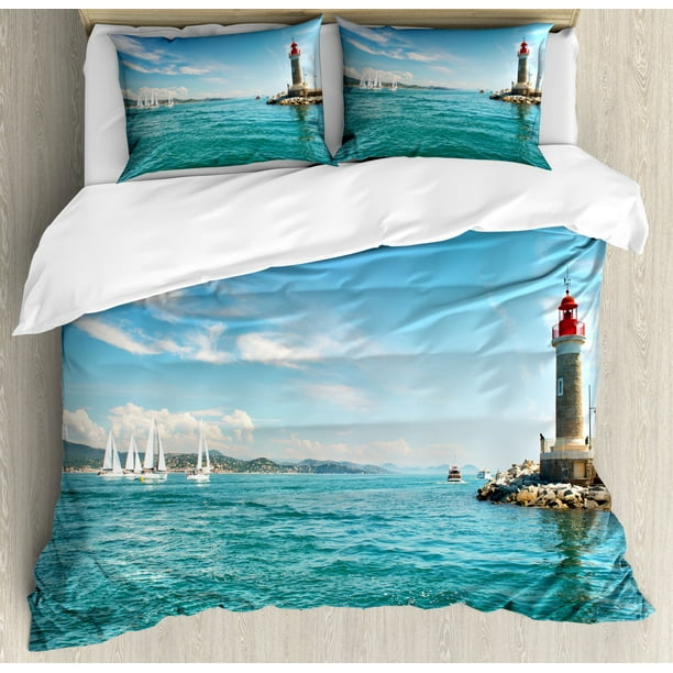Lighthouse Duvet Cover Set, Day by the Seaside Sailboats Lighthouse Rocks Clear Sea Clouds
