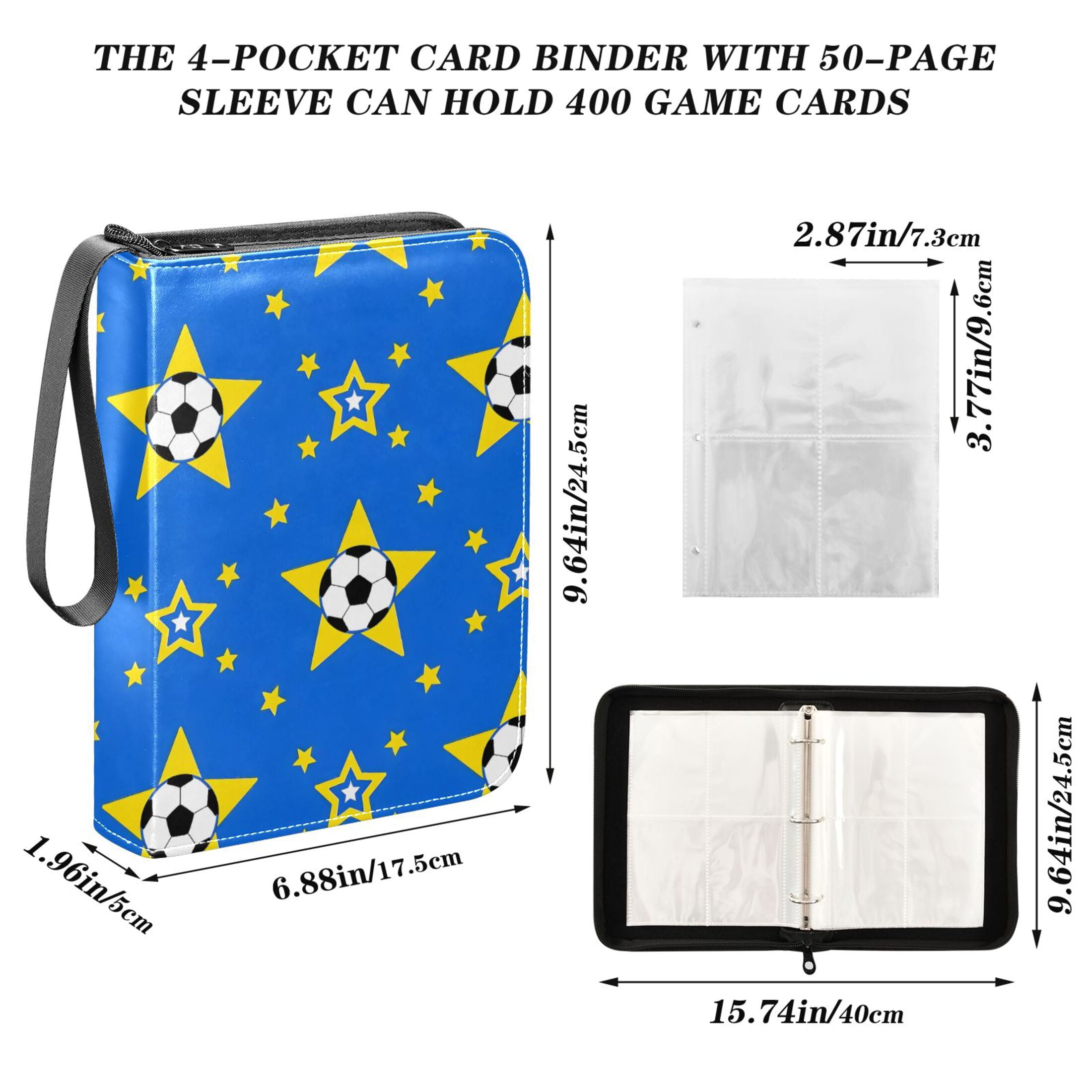 Trading Card Binder Album 400 Pockets 50 Removable 4-Pocket Pages Waterproof Soccer and Star