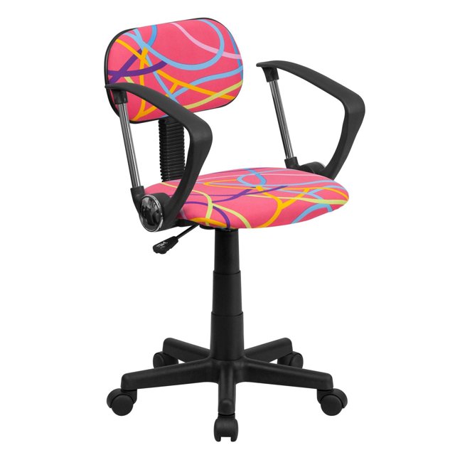 Chaise de bureau pivotante rose à imprimé tourbillon multicolore avec appuis-bras