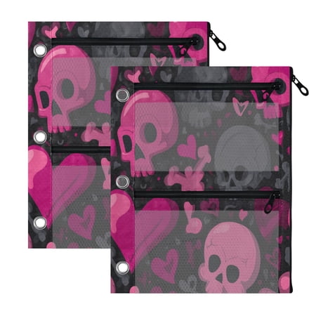 2 Pack 3-Ring Binder Pencil Pouch with Clear PVC Windows Pink and Black Skulls Large Capacity Stationery Bag for Classroom Office Supplies