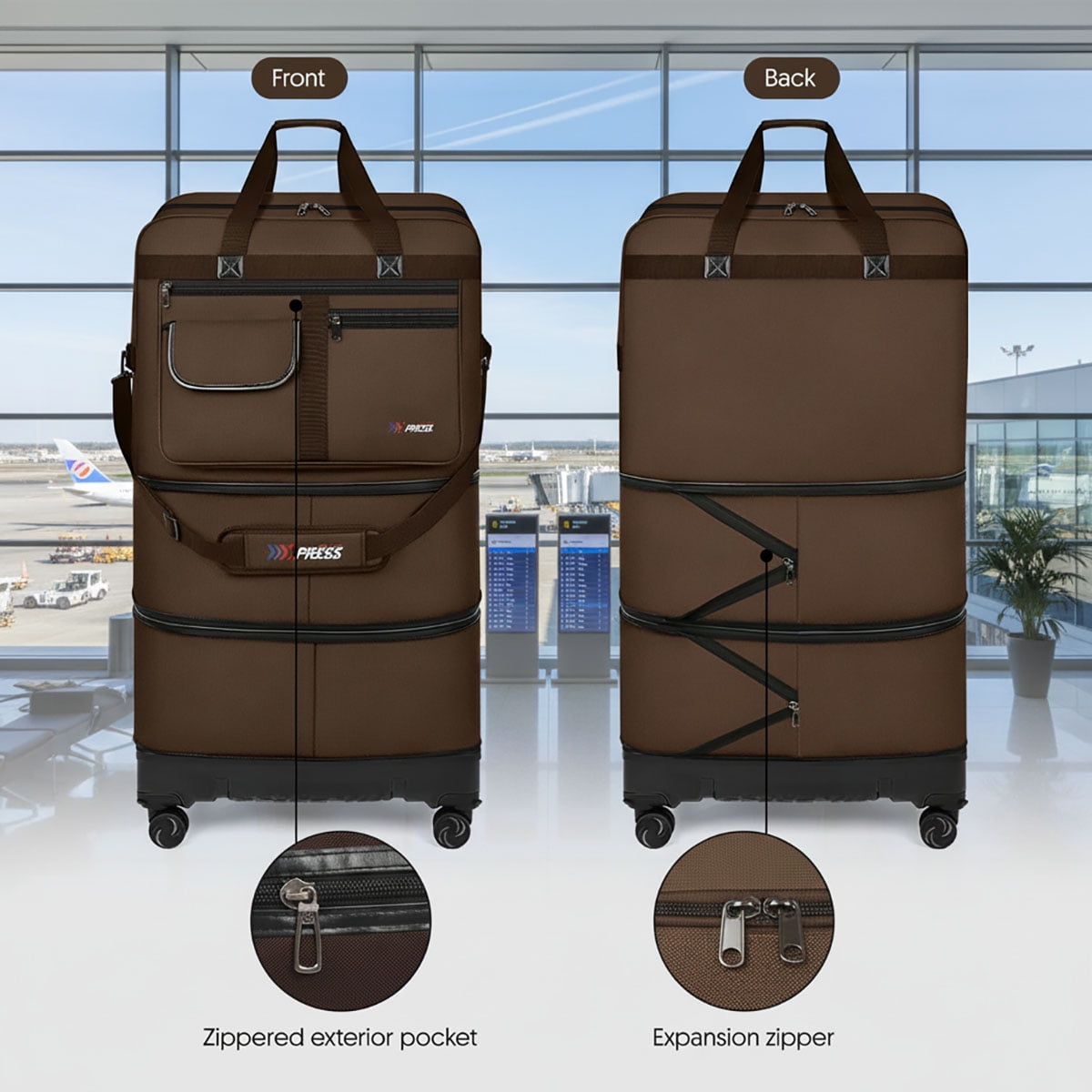 36" Expandable Foldable Suitcase Bag Large Collapsible Rolling Luggage Bag for Storage, Moving & Abroad Travel, Chocolate, JM