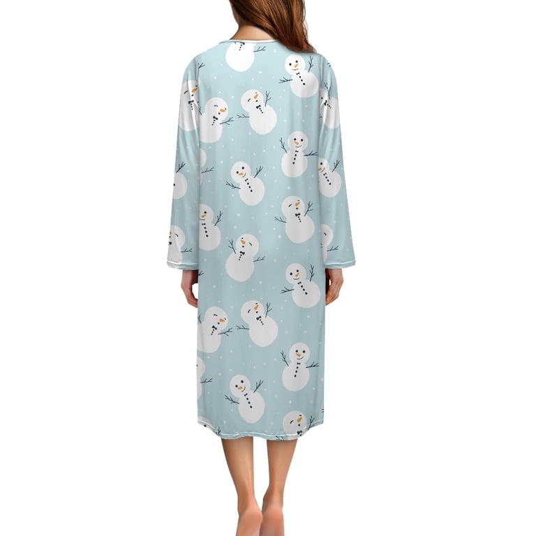 ForUDesigns for U Designs Snowman Blue Pattern House Dresses for Women Soft Long Sleeve Night Gowns Lightweight Woven Housecoat with Pockets, House