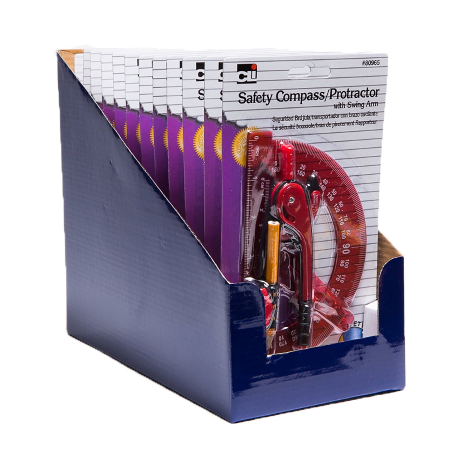 Charles Leonard Compass Safety and 6" Swing Arm Protractor, Assorted Colors, Pack of 12