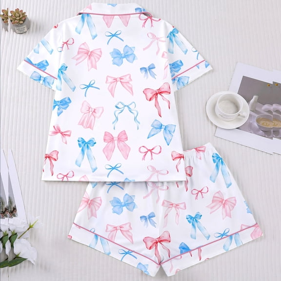 Womens Print Pajama Set Button Down Short Sleeve Top with Shorts Home Wear