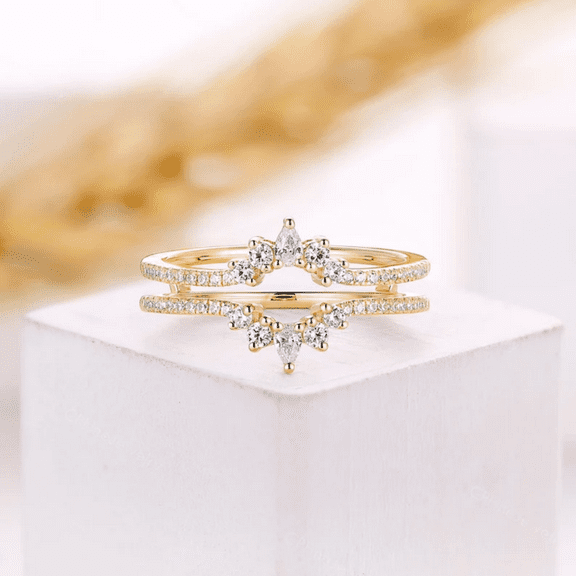 Pear Diamond Enhancer Wedding Band IN 14K Yellow Gold Vermeil- Unique Art Deco Matching Ring Jacket
