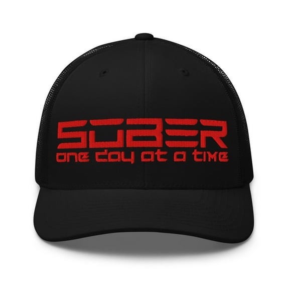 Tesla red font Sober One Day at a Time AA slogans sayings Rehab Recovery Retro Trucker Cap (Black)