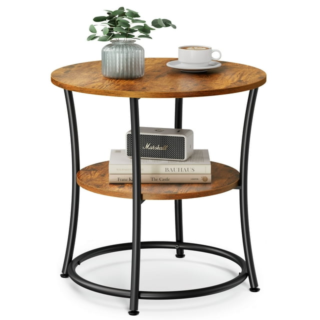 VASAGLE Side Table, 2-Tier Round End Table, Nightstand with Steel Frame for Small Spaces, Living Room, Bedroom, Rustic Brown and Ink Black