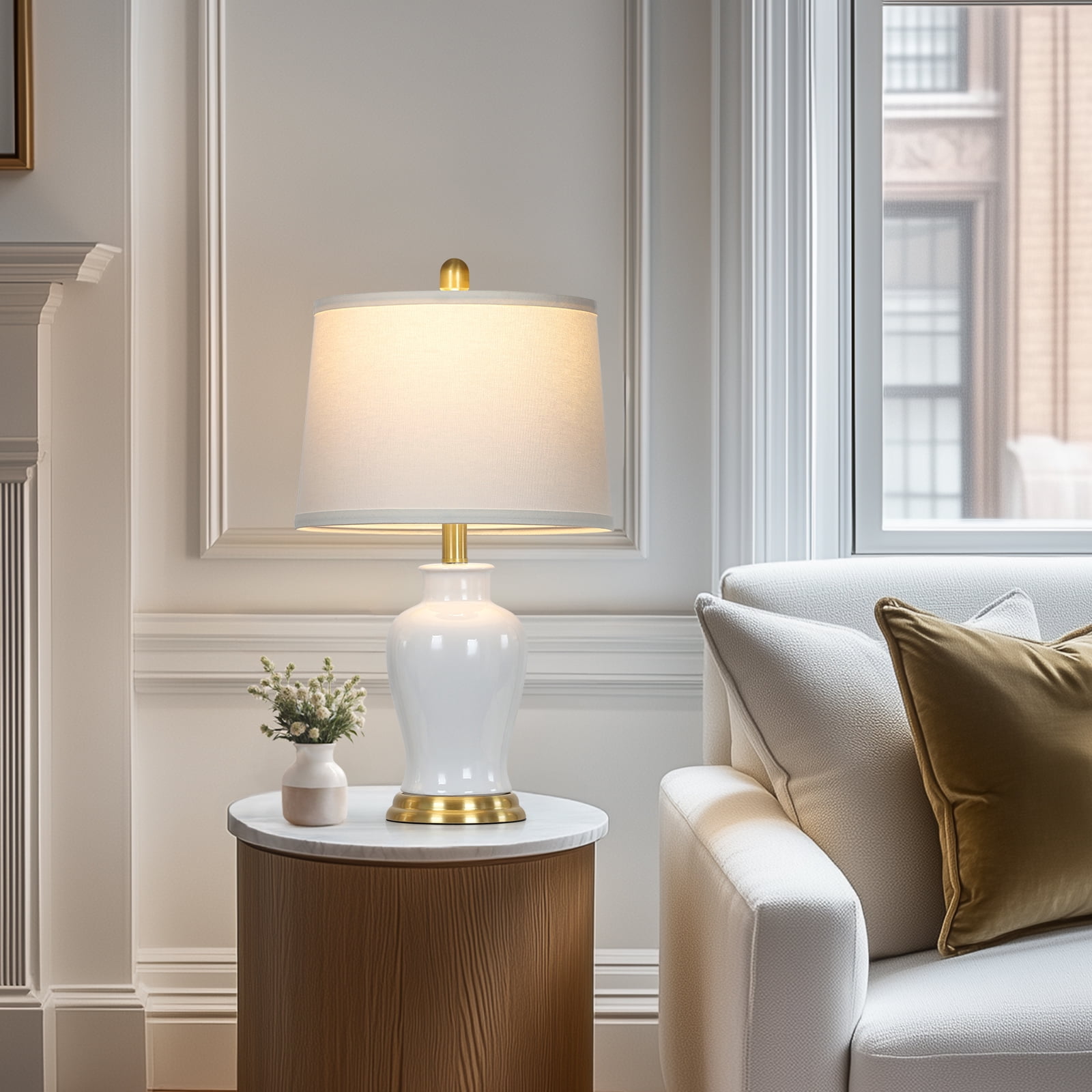 Cinkeda White Ceramic Table Lamps Set of 2 for Living Room Bedroom 23" Tall Modern Ginger Jar Design Nightstand Bedside Lamps