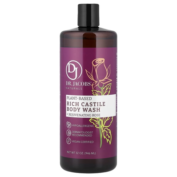 Dr. Jacobs Naturals Pure Castile Liquid Soap Face and Body Wash, Rose ,32 Fl Oz
