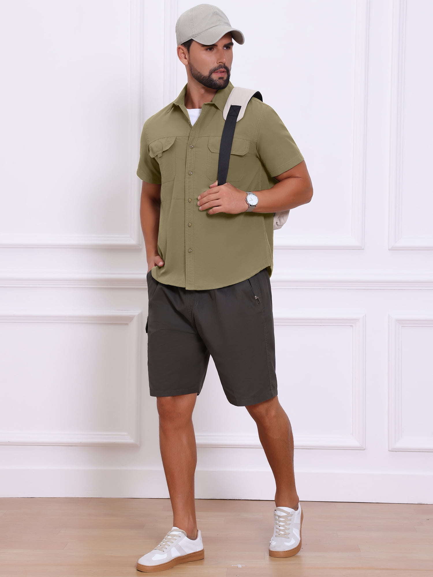 DARING DIVA Men's Solid Cargo Short Sleeve Button Down Utility Shirts M Khaki