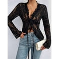 thumbnail image 5 of Lace Tops for Women Long Sleeve See Through Sheer Mesh Crop Top Shirt Open Front Tie Blouse Ruffle Black M, 5 of 8