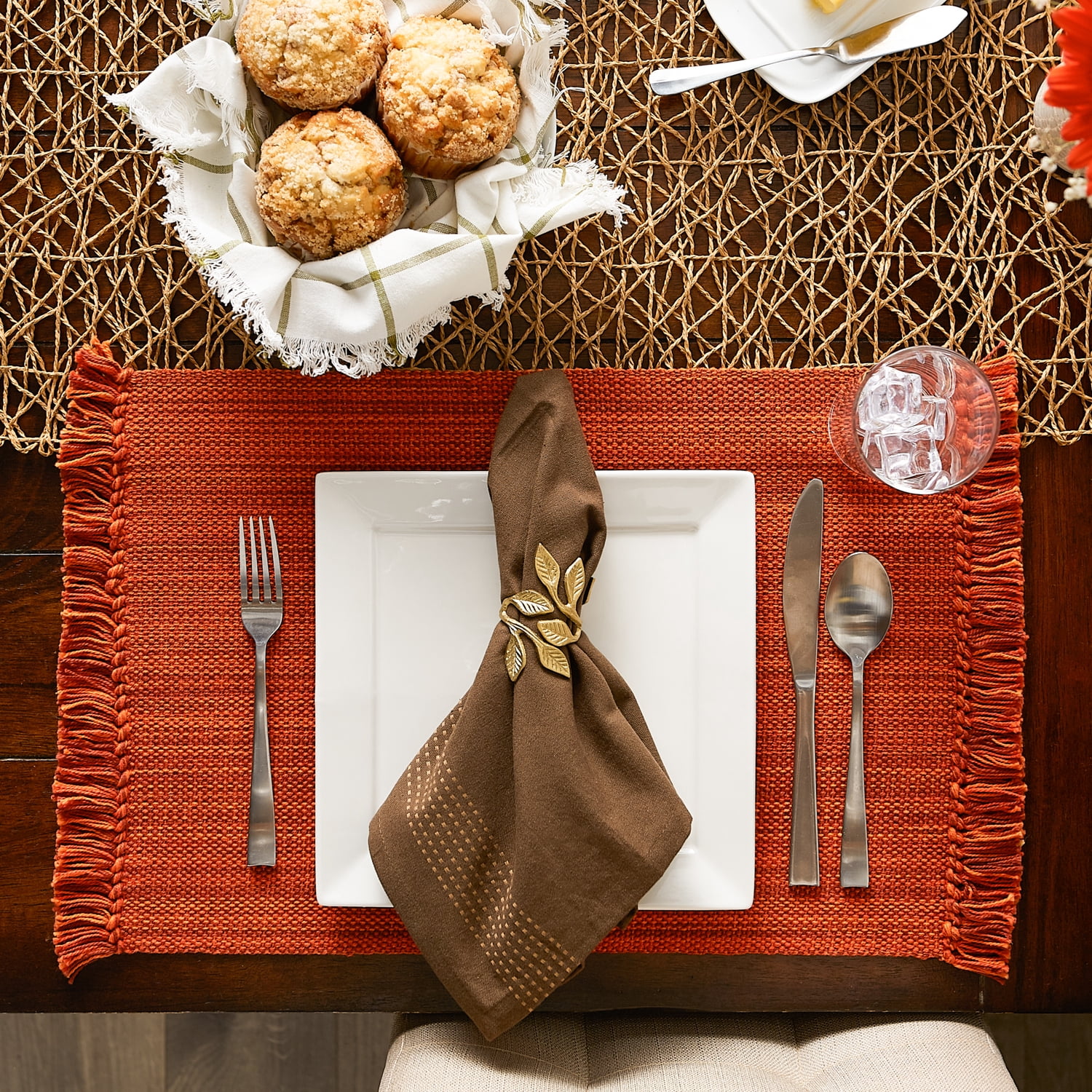 Contemporary Home Living Knotted Fringe Rectangular Woven Cotton Placemats - 19" - Burnt Orange -