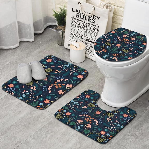 Pioneer Flower Floral Print Pattern Bathroom Rugs Sets 3 Piece,Toilet Cover Set,Absorbent Non Slip Bathroom Mats Sets with U-Shaped Contour Rug Toilet Rug Set