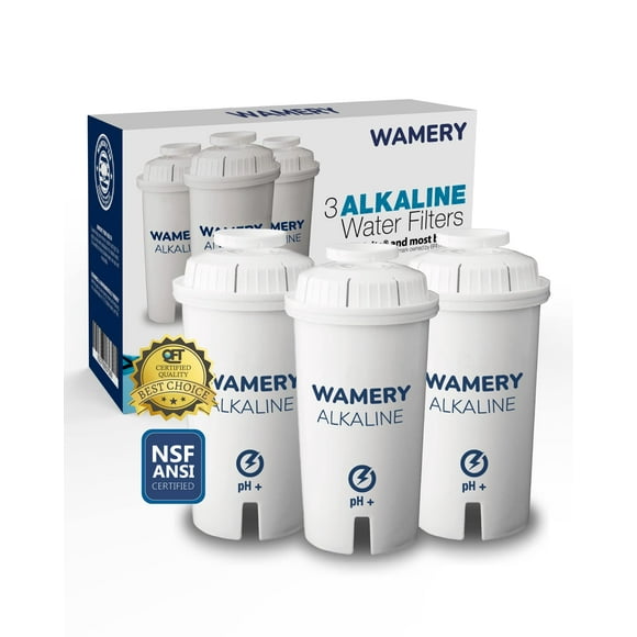 WAMERY Certified Alkaline Water Filter Replacement Fits Brita and Wamery Pitcher Cartridges 3-Pack, Increases Water pH.