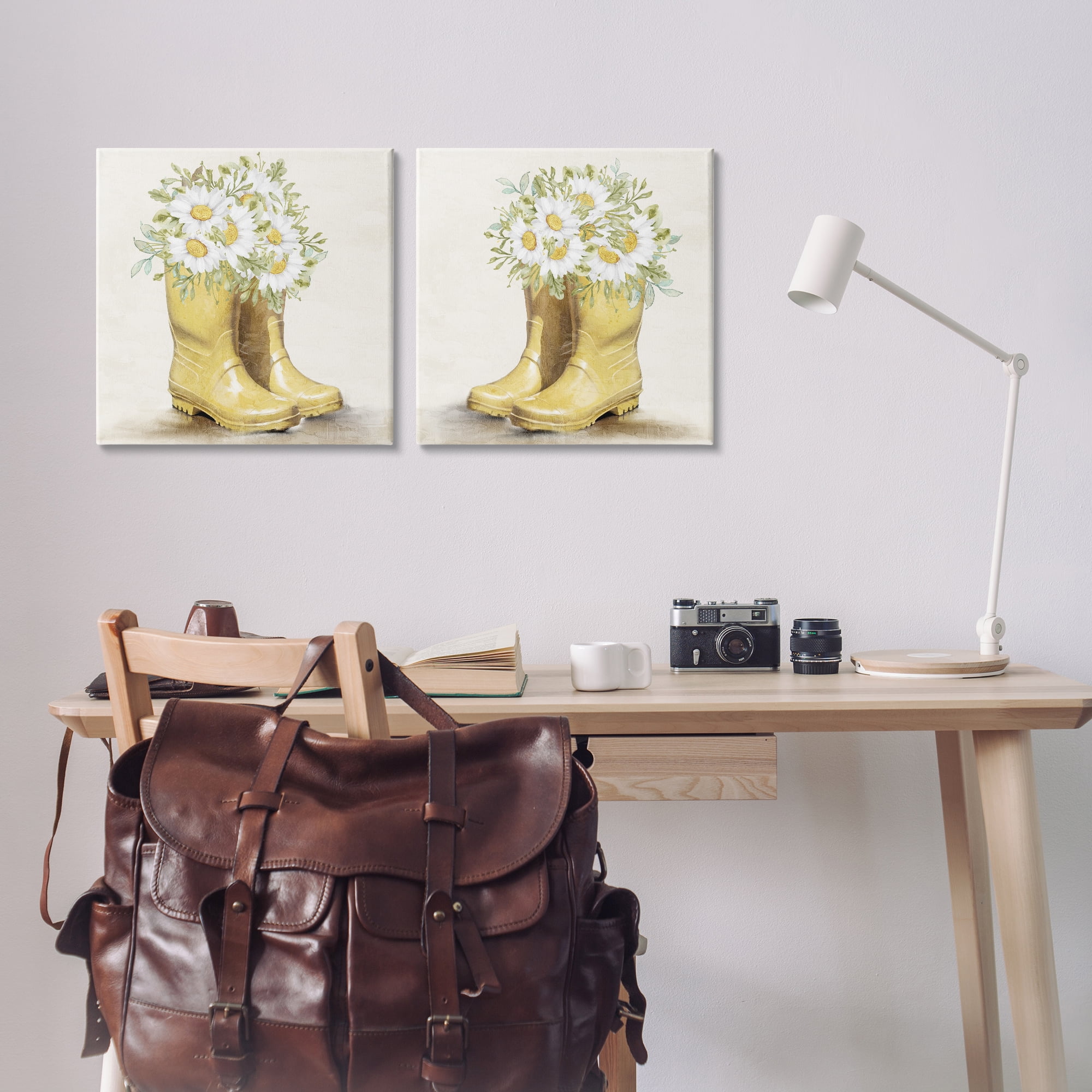 Stupell Industries Yellow Garden Boots Daisies Plants & Flowers Painting Wrapped Canvas Art Print Wall Art, 17 x 17, Set of 2