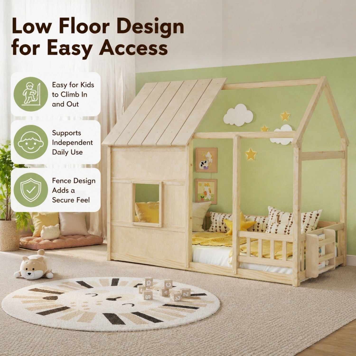 Miniyam Montessori Floor Bed with Roof and Guardrails, Kids House Bed Frame with LED Lights and Bookshelf, Natural