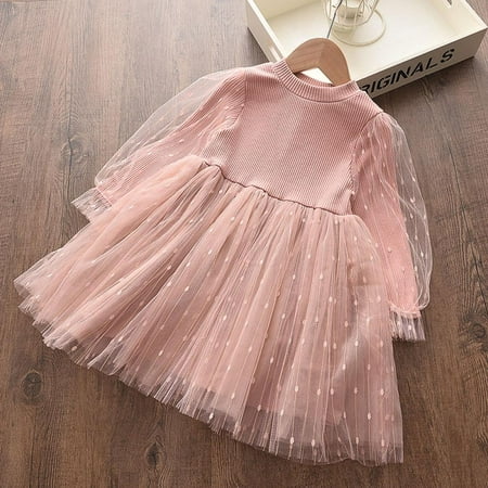 

[BRAND CLEARANCE!!!] 2-9Y Girls Long Sleeve Dress Girls Western Sequined Puff Sleeve Knit Yarn Dress (Pink)