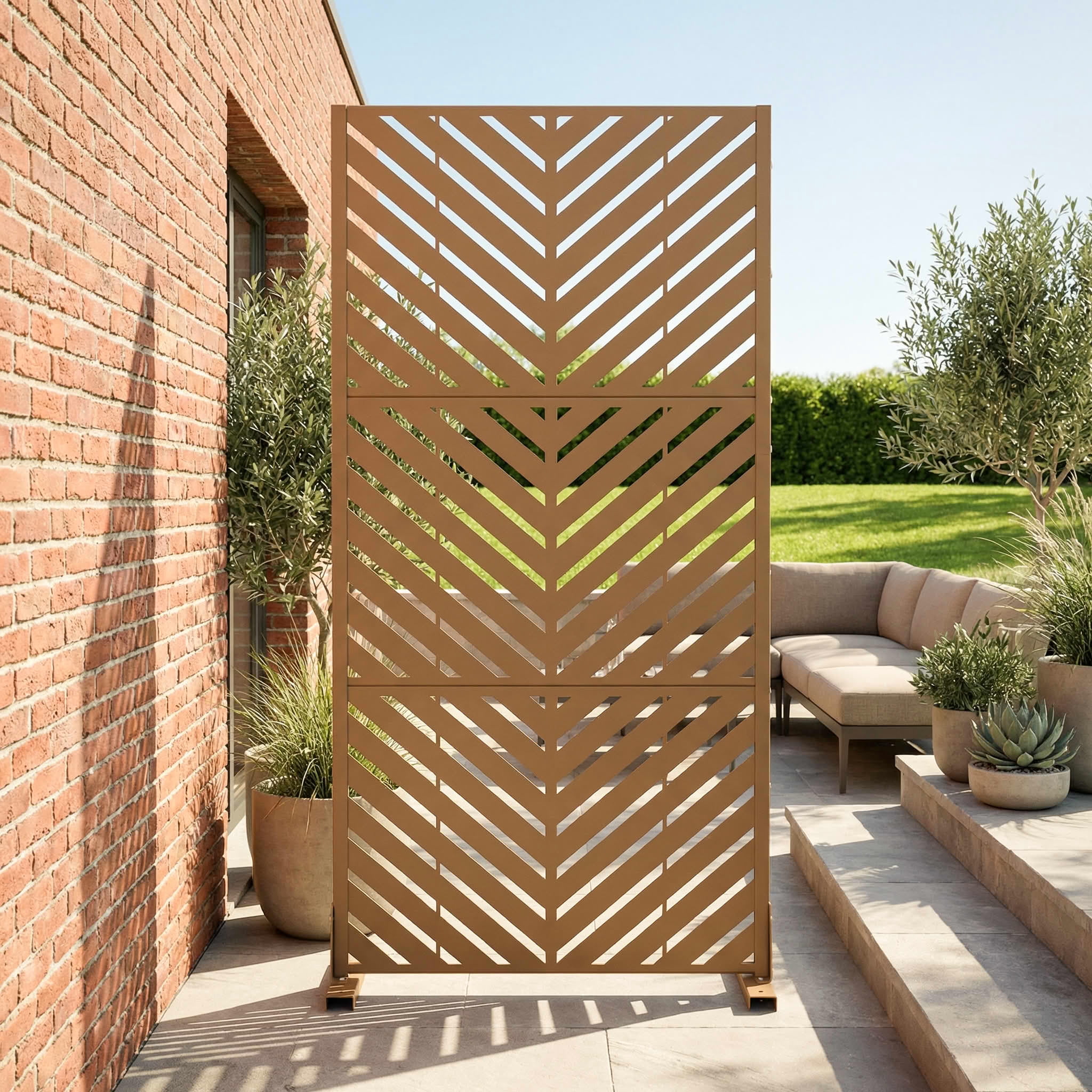 MAYEERTY Outdoor Metal Privacy Screen 5ft Brown, 3-Panel Parallel Decorative Screen, Rust-Resistant for Patio