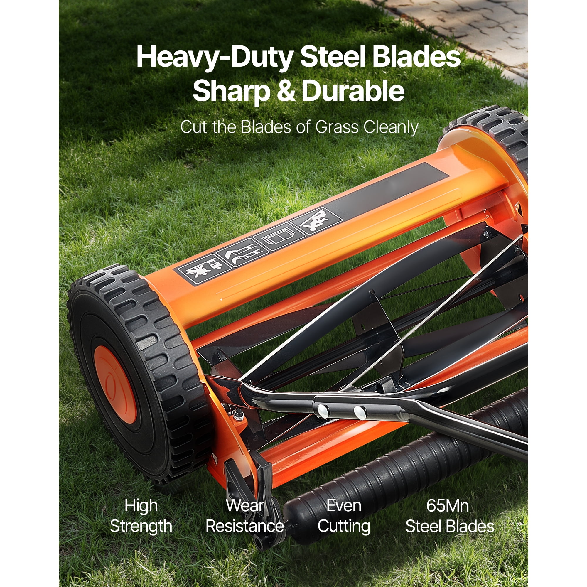 KFFKFF 16-Inch Manual Push Reel Lawn Mower, 5-Blade Design, Adjustable Cutting Height from 0.6 to 1.75 Inches, Walk-Behind Mower with Grass Collection Bag for Lawns, Driveways, and Courtyards