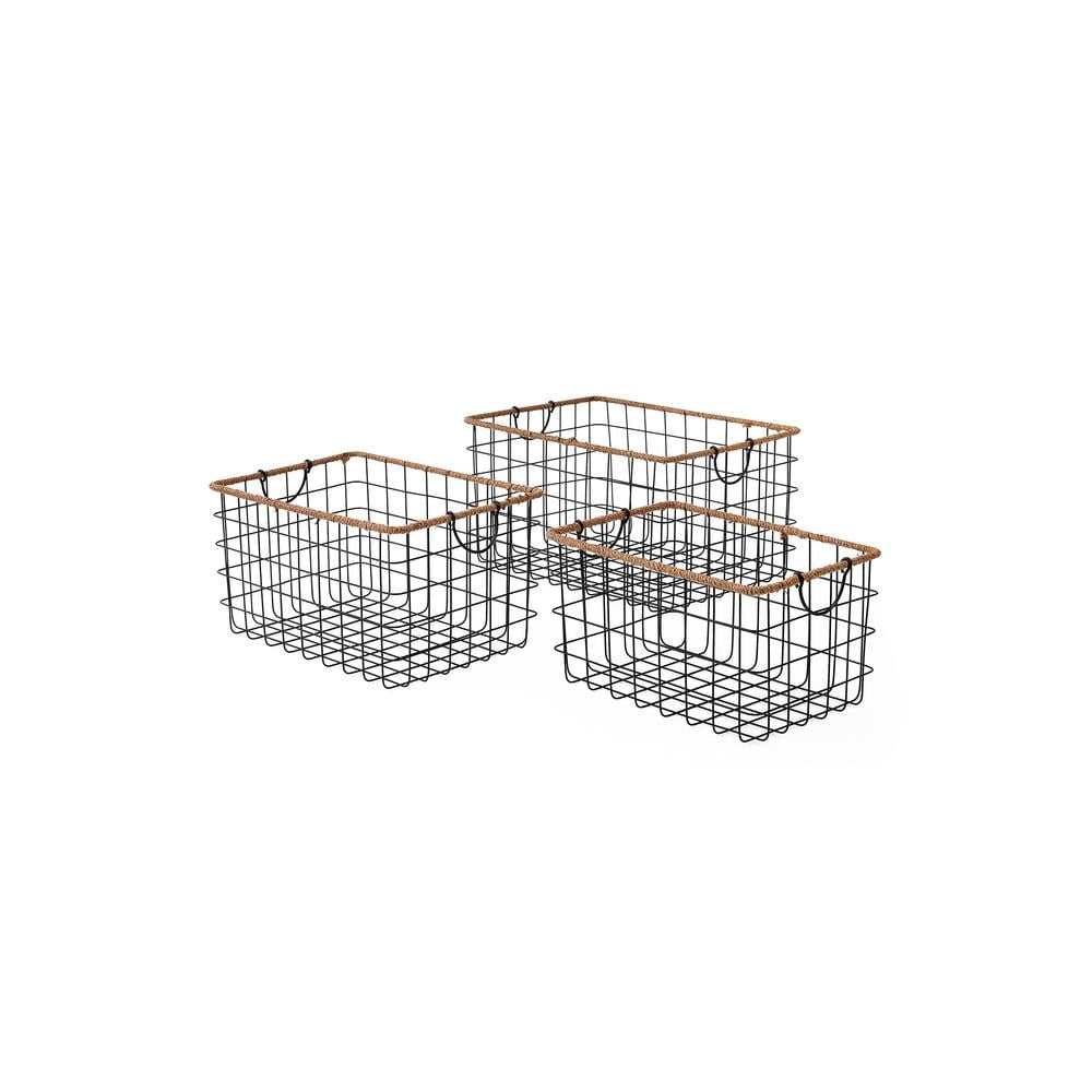 Baum Set of Three Black Rectangular Grid Wire Baskets with Jute Rim