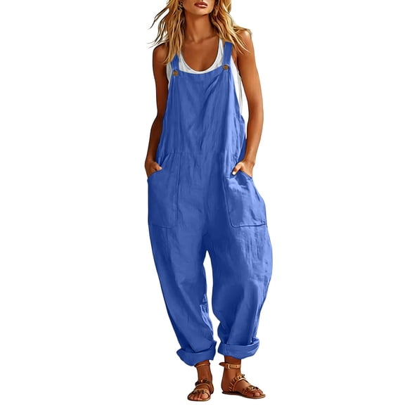 BLTIBY Summer Jumpsuits for Women Cotton Linen Casual Sleeveless Wide Leg Overalls Jumpsuit Trendy Beach Vacation Outfits with Pockets Blue L
