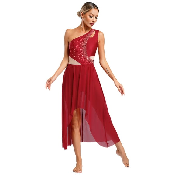 Xnihocha Women Lyrical Ballet Dance Dress Sleeveless High Low Flowy Maxi Dress Modern Dancewear Burgundy S