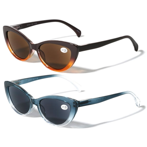 2 Pairs of Women Cateye Outdoor Reading Sunglasses - Tinted Readers Glasses - Fully Magnified Lens 1.75